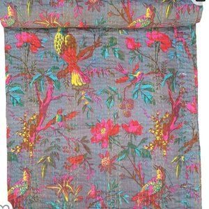 Kantha Quilt Queen King NEW 108x90" 100% Cotton Slate Grey Floral